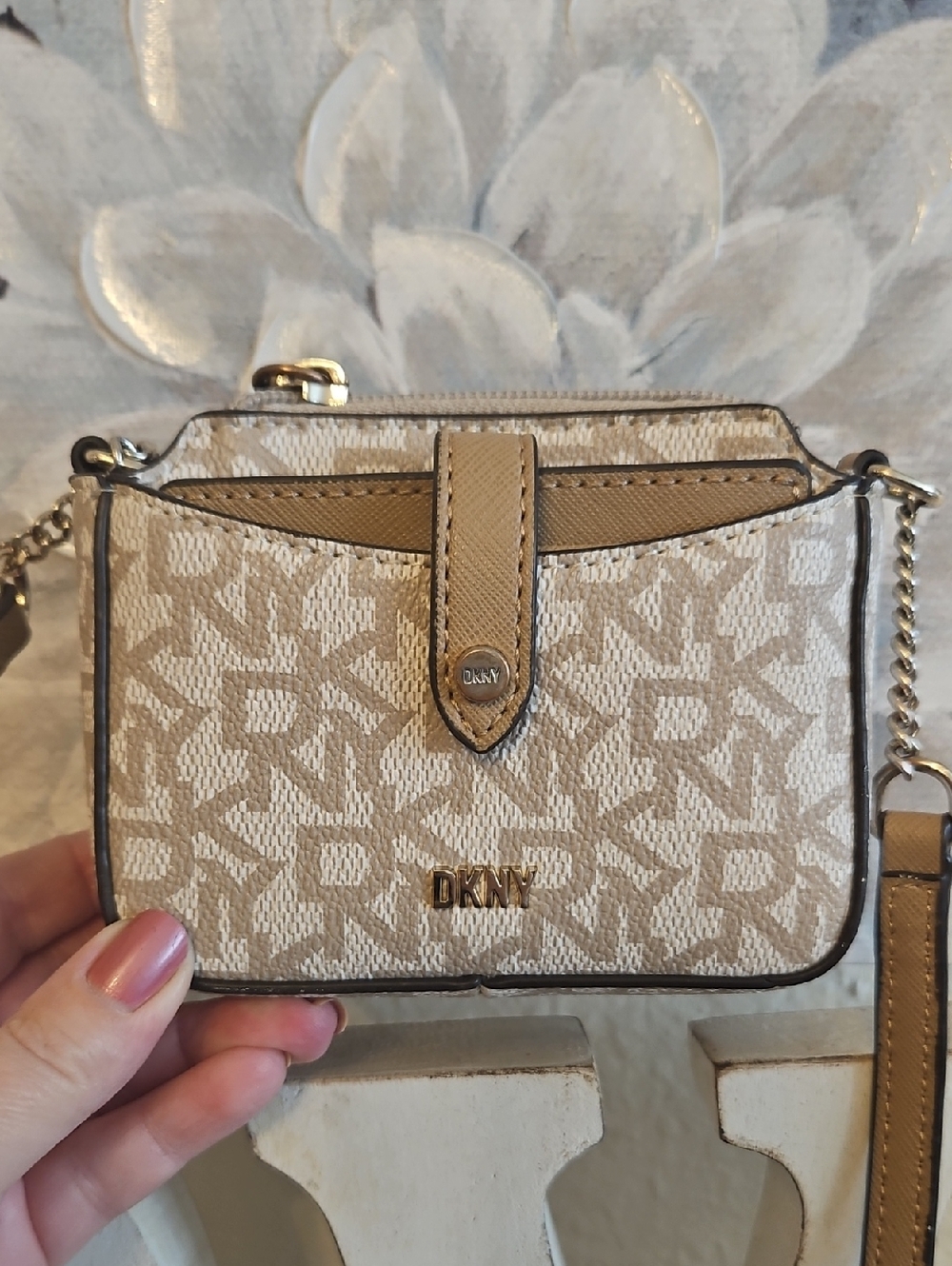 DKNY Beige and Tan Monogram Crossbody Bag